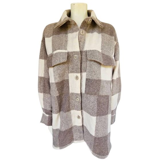 H&M Women’s XL Plaid Shacket Coat Jacket Taupe Beige Check Fleece New w/ Tags - Picture 1 of 8